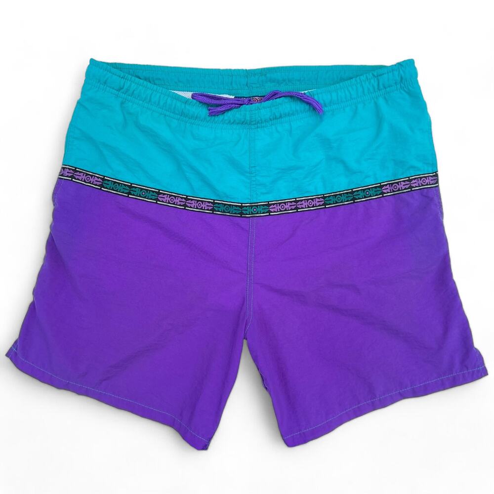 Vintage Fast Breakers Blue Purple Tribal Swim Suit Trunks Board Shorts Surf S M